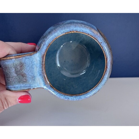 Studio Art Blue Drip Glaze Pottery Mug Artist Signed High Gloss Wide Handle - Picture 5 of 7